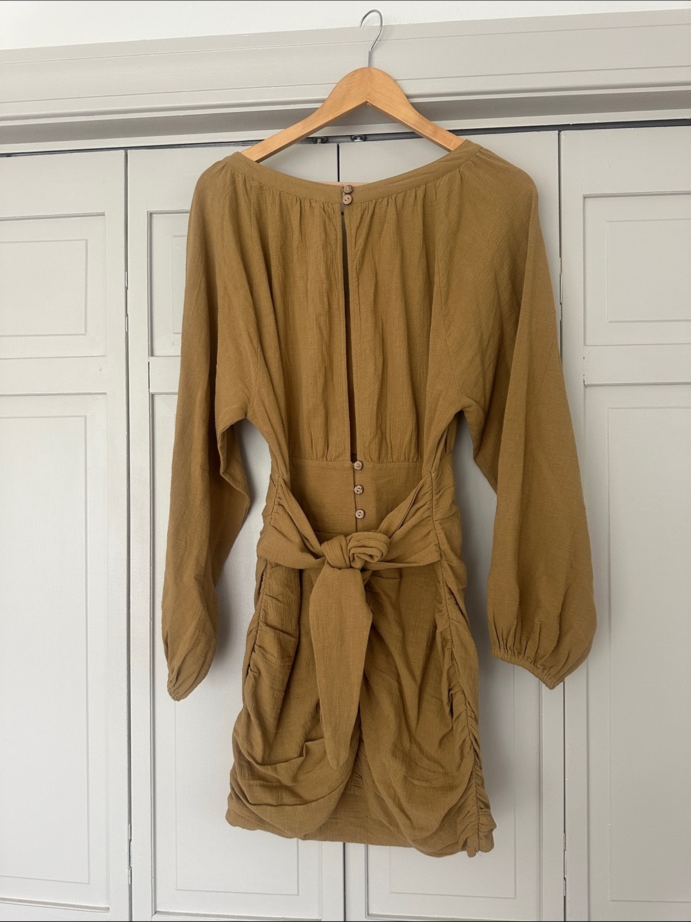 Free People Mustard Long Sleeve Tie-Neck Dress - Picture 6 of 9